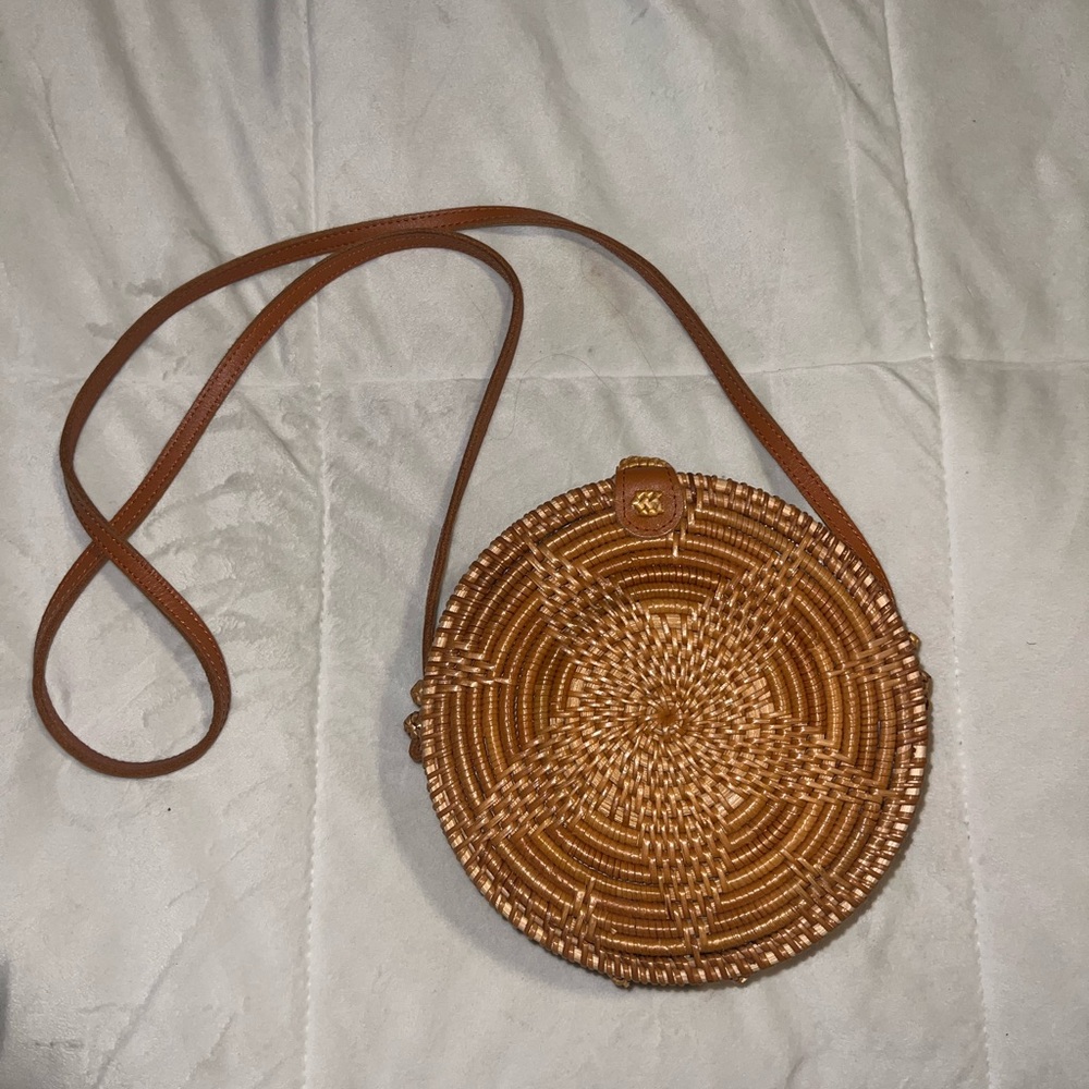 Round Woven Tan Crossbody Bag